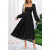 MEROKEETY Women’s Fall Long Sleeve Floral Midi Dress Smocked Ruffle Tiered Square Neck Wedding Guest Dresses Pockets(Black)