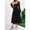 MEROKEETY Women’s Fall Long Sleeve Floral Midi Dress Smocked Ruffle Tiered Square Neck Wedding Guest Dresses Pockets(Black)