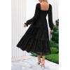MEROKEETY Women’s Fall Long Sleeve Floral Midi Dress Smocked Ruffle Tiered Square Neck Wedding Guest Dresses Pockets(Black)