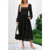 MEROKEETY Women’s Fall Long Sleeve Floral Midi Dress Smocked Ruffle Tiered Square Neck Wedding Guest Dresses Pockets(Black)
