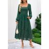 MEROKEETY Women’s Fall Long Sleeve Floral Midi Dress Smocked Ruffle Tiered Square Neck Wedding Guest Dresses Pockets(Dark Green)