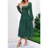 MEROKEETY Women’s Fall Long Sleeve Floral Midi Dress Smocked Ruffle Tiered Square Neck Wedding Guest Dresses Pockets(Dark Green)
