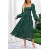 MEROKEETY Women’s Fall Long Sleeve Floral Midi Dress Smocked Ruffle Tiered Square Neck Wedding Guest Dresses Pockets(Dark Green)