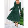 MEROKEETY Women’s Fall Long Sleeve Floral Midi Dress Smocked Ruffle Tiered Square Neck Wedding Guest Dresses Pockets(Dark Green)