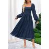 MEROKEETY Women’s Fall Long Sleeve Floral Midi Dress Smocked Ruffle Tiered Square Neck Wedding Guest Dresses Pockets(Navy)