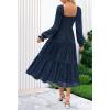 MEROKEETY Women’s Fall Long Sleeve Floral Midi Dress Smocked Ruffle Tiered Square Neck Wedding Guest Dresses Pockets(Navy)