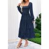 MEROKEETY Women’s Fall Long Sleeve Floral Midi Dress Smocked Ruffle Tiered Square Neck Wedding Guest Dresses Pockets(Navy)