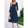 MEROKEETY Women’s Fall Long Sleeve Floral Midi Dress Smocked Ruffle Tiered Square Neck Wedding Guest Dresses Pockets(Navy)