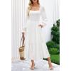 MEROKEETY Women’s Fall Long Sleeve Floral Midi Dress Smocked Ruffle Tiered Square Neck Wedding Guest Dresses Pockets(White)