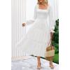MEROKEETY Women’s Fall Long Sleeve Floral Midi Dress Smocked Ruffle Tiered Square Neck Wedding Guest Dresses Pockets(White)