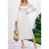 MEROKEETY Women’s Fall Long Sleeve Floral Midi Dress Smocked Ruffle Tiered Square Neck Wedding Guest Dresses Pockets(White)