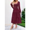 MEROKEETY Women’s Fall Long Sleeve Floral Midi Dress Smocked Ruffle Tiered Square Neck Wedding Guest Dresses Pockets(Wine)