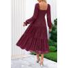 MEROKEETY Women’s Fall Long Sleeve Floral Midi Dress Smocked Ruffle Tiered Square Neck Wedding Guest Dresses Pockets(Wine)
