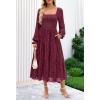 MEROKEETY Women’s Fall Long Sleeve Floral Midi Dress Smocked Ruffle Tiered Square Neck Wedding Guest Dresses Pockets(Wine)