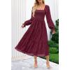 MEROKEETY Women’s Fall Long Sleeve Floral Midi Dress Smocked Ruffle Tiered Square Neck Wedding Guest Dresses Pockets(Wine)
