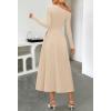 MEROKEETY Women’s Fall Long Sleeve Wedding Guest Dresses 2025 One Shoulder Elegant Formal Pleated Midi Maxi Dress(Apricot)