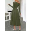 MEROKEETY Women’s Fall Long Sleeve Wedding Guest Dresses 2025 One Shoulder Elegant Formal Pleated Midi Maxi Dress(Army Green)