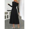 MEROKEETY Women’s Fall Long Sleeve Wedding Guest Dresses 2025 One Shoulder Elegant Formal Pleated Midi Maxi Dress(Black)