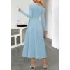 MEROKEETY Women’s Fall Long Sleeve Wedding Guest Dresses 2025 One Shoulder Elegant Formal Pleated Midi Maxi Dress(Blue)