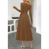 MEROKEETY Women’s Fall Long Sleeve Wedding Guest Dresses 2025 One Shoulder Elegant Formal Pleated Midi Maxi Dress(Brown)