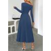 MEROKEETY Women’s Fall Long Sleeve Wedding Guest Dresses 2025 One Shoulder Elegant Formal Pleated Midi Maxi Dress(Navy)