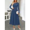 MEROKEETY Women’s Fall Long Sleeve Wedding Guest Dresses 2025 One Shoulder Elegant Formal Pleated Midi Maxi Dress(Navy)
