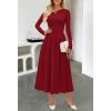MEROKEETY Women’s Fall Long Sleeve Wedding Guest Dresses 2025 One Shoulder Elegant Formal Pleated Midi Maxi Dress(Winered)