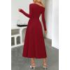 MEROKEETY Women’s Fall Long Sleeve Wedding Guest Dresses 2025 One Shoulder Elegant Formal Pleated Midi Maxi Dress(Winered)