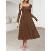 MEROKEETY Women’s Floral 2025 Fall Midi Dresses Long Sleeve Square Neck Flowy A Line Wedding Ruched Dress Pockets(Brown)