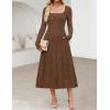 MEROKEETY Women’s Floral 2025 Fall Midi Dresses Long Sleeve Square Neck Flowy A Line Wedding Ruched Dress Pockets(Brown)