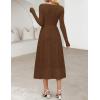 MEROKEETY Women’s Floral 2025 Fall Midi Dresses Long Sleeve Square Neck Flowy A Line Wedding Ruched Dress Pockets(Brown)