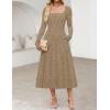 MEROKEETY Women’s Floral 2025 Fall Midi Dresses Long Sleeve Square Neck Flowy A Line Wedding Ruched Dress Pockets(Darkkhaki)