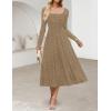 MEROKEETY Women’s Floral 2025 Fall Midi Dresses Long Sleeve Square Neck Flowy A Line Wedding Ruched Dress Pockets(Darkkhaki)