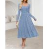 MEROKEETY Women’s Floral 2025 Fall Midi Dresses Long Sleeve Square Neck Flowy A Line Wedding Ruched Dress Pockets(Dusty Blue)