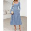 MEROKEETY Women’s Floral 2025 Fall Midi Dresses Long Sleeve Square Neck Flowy A Line Wedding Ruched Dress Pockets(Dusty Blue)