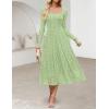 MEROKEETY Women’s Floral 2025 Fall Midi Dresses Long Sleeve Square Neck Flowy A Line Wedding Ruched Dress Pockets(Green)