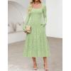 MEROKEETY Women’s Floral 2025 Fall Midi Dresses Long Sleeve Square Neck Flowy A Line Wedding Ruched Dress Pockets(Green)