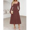 MEROKEETY Women’s Floral 2025 Fall Midi Dresses Long Sleeve Square Neck Flowy A Line Wedding Ruched Dress Pockets(Maroon)