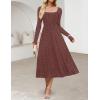 MEROKEETY Women’s Floral 2025 Fall Midi Dresses Long Sleeve Square Neck Flowy A Line Wedding Ruched Dress Pockets(Maroon)