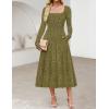 MEROKEETY Women’s Floral 2025 Fall Midi Dresses Long Sleeve Square Neck Flowy A Line Wedding Ruched Dress Pockets(Olive)