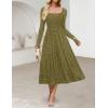 MEROKEETY Women’s Floral 2025 Fall Midi Dresses Long Sleeve Square Neck Flowy A Line Wedding Ruched Dress Pockets(Olive)