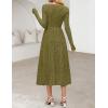 MEROKEETY Women’s Floral 2025 Fall Midi Dresses Long Sleeve Square Neck Flowy A Line Wedding Ruched Dress Pockets(Olive)