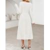 MEROKEETY Women’s Floral 2025 Fall Midi Dresses Long Sleeve Square Neck Flowy A Line Wedding Ruched Dress Pockets(White)