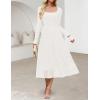 MEROKEETY Women’s Floral 2025 Fall Midi Dresses Long Sleeve Square Neck Flowy A Line Wedding Ruched Dress Pockets(White)
