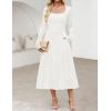 MEROKEETY Women’s Floral 2025 Fall Midi Dresses Long Sleeve Square Neck Flowy A Line Wedding Ruched Dress Pockets(White)