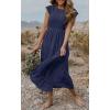 MEROKEETY Women’s Flutter Short Sleeve Smocked Midi Dress Summer Casual Tiered A-Line Dress(Navy)