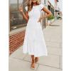 MEROKEETY Women’s Flutter Short Sleeve Smocked Midi Dress Summer Casual Tiered A-Line Dress(White)