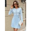 MEROKEETY Women’s Long Sleeve Striped Sweater Dress Button Crewneck Fall Bodycon Formal Mini Dresses(Light Blue)