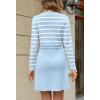 MEROKEETY Women’s Long Sleeve Striped Sweater Dress Button Crewneck Fall Bodycon Formal Mini Dresses(Light Blue)