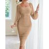 MEROKEETY Women’s Long Sleeve Wedding Guest Formal Dress Fall Winter Ruched Bodycon Mesh Cocktail Party Midi Dresses(Apricot)